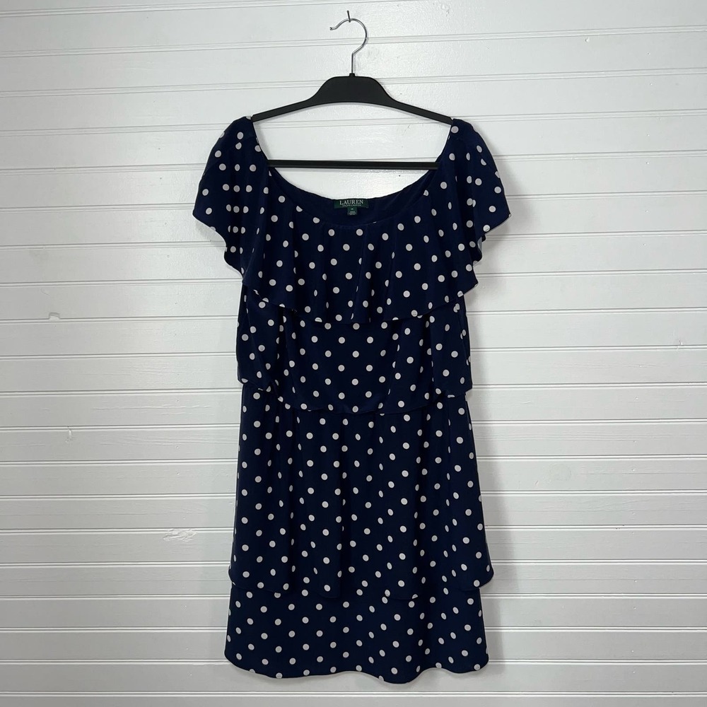 Ralph Lauren LRL Size 14 Polka Dot Mini Dress Ruffle Elegant Modern Dainty Girly
